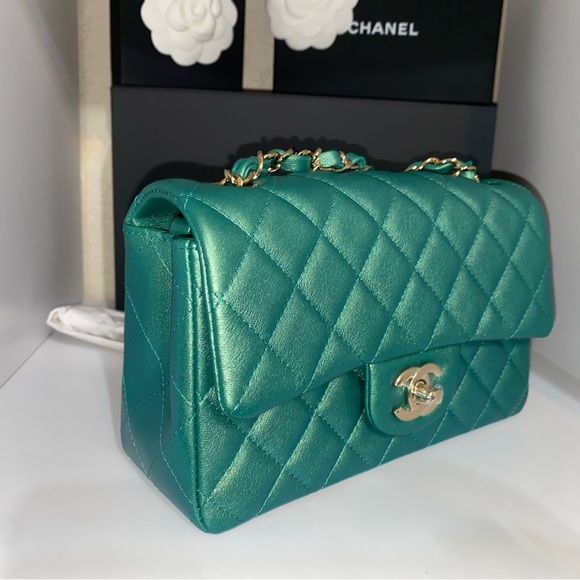 RARE NIB CHANEL IRIDESCENT GREEN CLASSIC MINI FLAP - Picture 5 of 17